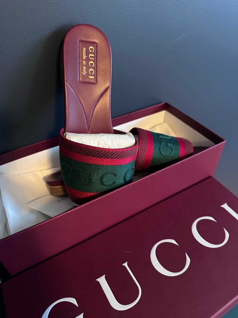 Gucci Burgundy Slides with Red and Green Web Stripe - Picture 5 of 13